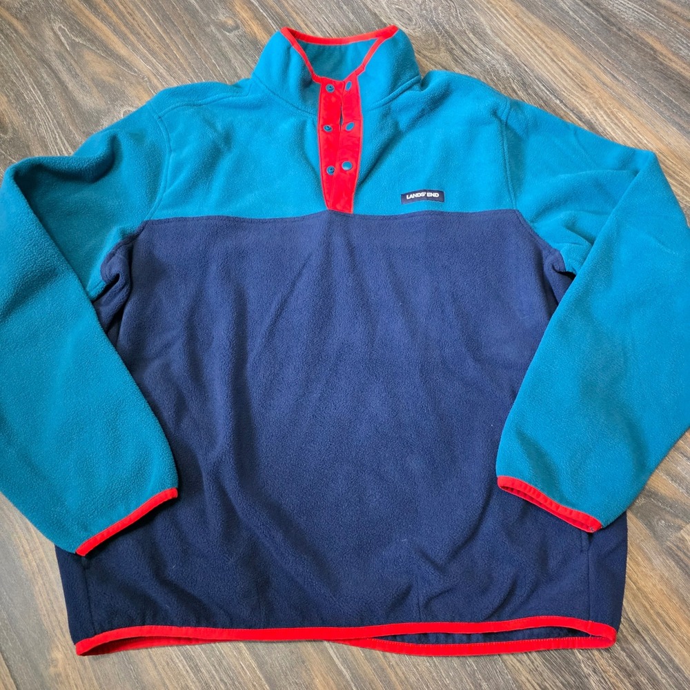 Lands End Mens Fleece Pullover Colorblock Teal Navy Red Snap Neck Large 42-44